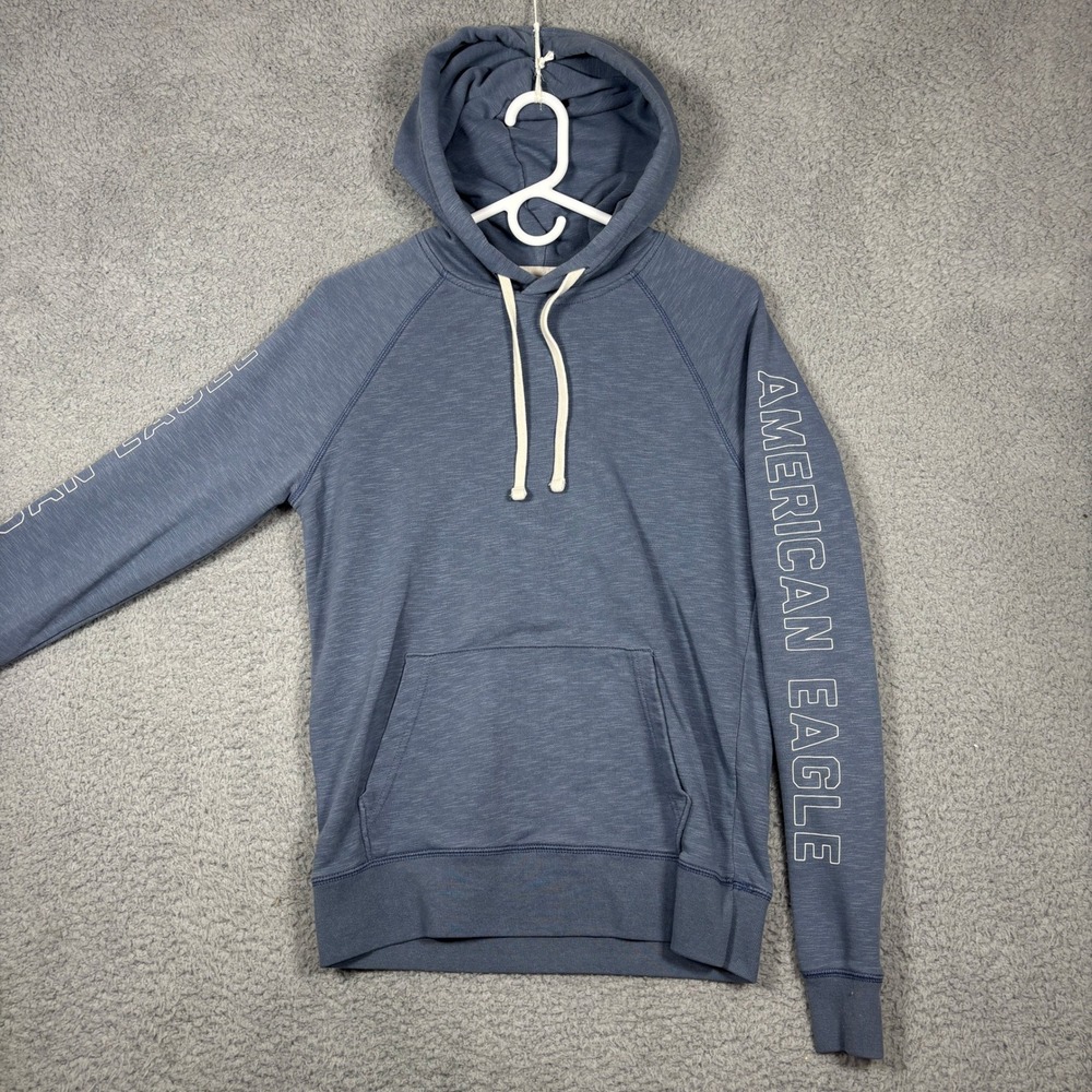 American Eagle Hoodie Mens XS Blue Slub Knit Graphic Sleeve Pullover Sweatshirt